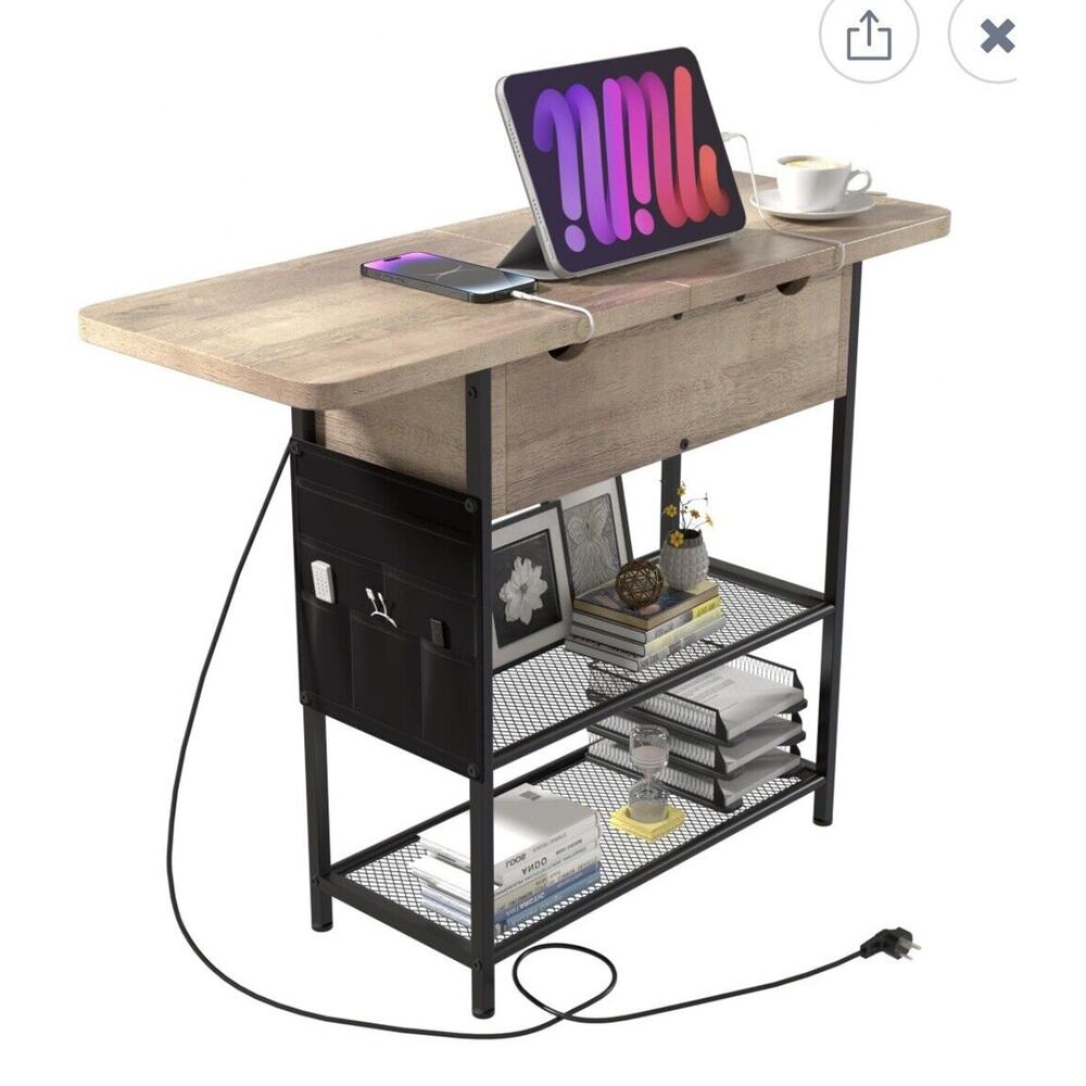 End Table with Fast Charging Station, Narrow Side USB Grey